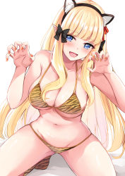 Rule 34 | 1girl, animal ears, bare shoulders, bikini, black bow, blonde hair, blue eyes, blush, bow, breasts, cat ears, claw pose, cleavage, collarbone, elf, fake animal ears, fingernails, hair bow, hairband, highres, konka, large breasts, long hair, looking at viewer, nail polish, navel, open mouth, pointy ears, princess connect!, saren (princess connect!), sidelocks, smile, solo, squatting, swimsuit, tiger stripes, yellow bikini