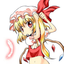 Rule 34 | 1girl, adjusting hair, ascot, blonde hair, blouse, bow, feathers, flandre scarlet, hair bow, hair ribbon, hat, looking at viewer, mob cap, mouth hold, navel, puffy short sleeves, puffy sleeves, red eyes, red shirt, ribbon, shirt, short hair, short sleeves, side ponytail, skinny, solo, touhou, tying hair, wings, yuuma (pumpkin)