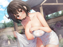 Rule 34 | 1girl, ahoge, bathing, blue sky, blush, breast hold, breasts, brown eyes, brown hair, closed mouth, cloud, collarbone, covered erect nipples, day, grin, highres, kuria (clear trip second), large breasts, looking at viewer, naked towel, navel, nipples, non-web source, nude, one breast out, onsen, original, outdoors, short hair, sky, smile, solo, steam, teeth, thighs, towel, wet