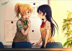 Rule 34 | 10s, 2girls, ayase eli, blonde hair, blue eyes, blue hair, blush, body writing, bow, bowtie, brown eyes, bulletin board, chair, character name, chromatic aberration, clenched hands, desk, green bow, green bowtie, lilylion26, long hair, looking at another, love live!, love live! school idol project, marker, multiple girls, open mouth, plaid, plaid skirt, ponytail, red bow, red bowtie, school uniform, short sleeves, signature, skirt, sonoda umi, striped bow, striped bowtie, striped clothes, striped neckwear, sweatdrop, sweater vest, writing on hand, yuri
