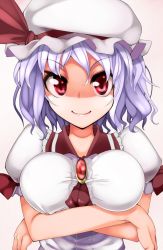 Rule 34 | 1girl, alternate breast size, breast hold, breasts, brooch, crossed arms, female focus, hat, highres, irodori (irotoridori), jewelry, large breasts, light purple hair, red eyes, remilia scarlet, short hair, simple background, smile, solo, touhou, upper body