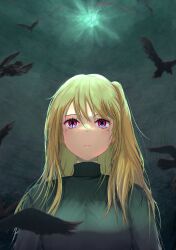 Rule 34 | 1girl, absurdres, bird, blonde hair, blurry, blurry background, blurry foreground, closed mouth, commentary, crow, english commentary, expressionless, green sweater, hair between eyes, highres, hoshino ruby, long hair, one side up, oshi no ko, pink eyes, ribbed sweater, sayiri, scuffed, solo, star-shaped pupils, star (symbol), sweater, symbol-shaped pupils, turtleneck, turtleneck sweater, upper body
