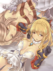 Rule 34 | 10s, 2girls, armor, bad id, bad pixiv id, belt, blonde hair, blue panties, bow, breasts, brown hair, detached collar, dress, gauntlets, granblue fantasy, hair bow, highres, katalina (granblue fantasy), long hair, multiple girls, nekotama1987, open clothes, open mouth, panties, red eyes, underwear, vira (granblue fantasy), white dress, white panties