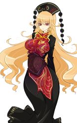 Rule 34 | 1girl, arms behind back, black dress, blonde hair, breasts, chinese clothes, curvy, dress, earrings, gold trim, hair between eyes, hat, headdress, highres, impossible clothes, jewelry, junko (touhou), large breasts, long hair, looking at viewer, narrow waist, navel, obi, pointy ears, raptor7, red eyes, ribbon, sash, simple background, solo, standing, tabard, touhou, very long hair, white background, wide hips