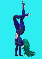 Rule 34 | absurdres, blue background, bow, bowtie, breasts, cirenk, green hair, handstand, highres, jumpsuit, keijo!!!!!!!!, crossed legs, long hair, stomach, thick thighs, thighs