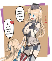 Rule 34 | 10s, 2girls, american flag legwear, asymmetrical legwear, blonde hair, blue eyes, breasts, cleavage, clothes pull, colorized, crossover, english text, garter straps, heart, highres, iowa (kancolle), kantai collection, keiryuu seo, large breasts, long hair, miniskirt, multiple girls, o&#039;bannon (warship girls r), skirt, spoken heart, thighhighs, two side up, uneven legwear, warship girls r