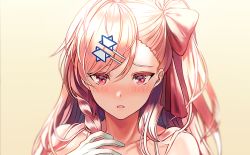 Rule 34 | 1girl, bare shoulders, blush, bow, braid, collarbone, girls&#039; frontline, gloves, hair bow, hair ornament, hair ribbon, hexagram, long hair, looking at viewer, negev (girls&#039; frontline), open mouth, pink hair, red eyes, ribbon, side braid, silence girl, solo, solo focus, star of david, swept bangs, tagme, white gloves, yellow background