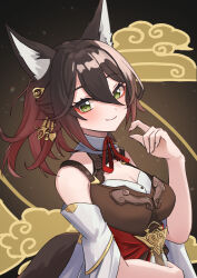 Rule 34 | 1girl, absurdres, animal ears, bare shoulders, breasts, brown hair, chinese clothes, cleavage, closed mouth, commentary, detached sleeves, eyeshadow, fox ears, fox girl, fox tail, green eyes, hand up, highres, honkai: star rail, honkai (series), kanzakiame, looking at viewer, makeup, medium breasts, medium hair, ponytail, red eyeshadow, smile, solo, tail, tingyun (honkai: star rail), upper body