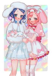Rule 34 | 2girls, :d, animal ears, animal hood, ayase naru, bad id, bad twitter id, blue dress, blue eyes, blue hair, blush, bow, brown eyes, capelet, cinnamoroll, coat, commentary request, dress, fake animal ears, feet out of frame, fur coat, fur hat, gloves, hat, highres, holding, holding stuffed toy, hood, hood up, hooded capelet, looking at viewer, multiple girls, my melody, onegai my melody, open mouth, pink bow, pink capelet, pink hair, pretty rhythm, pretty rhythm rainbow live, pretty series, rabbit hood, rinne (pretty rhythm), sanrio, short hair, smile, standing, stuffed animal, stuffed rabbit, stuffed toy, thighhighs, white coat, white dress, white gloves, white hat, white thighhighs, yuiitsu