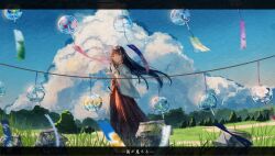 Rule 34 | 1girl, black eyes, black hair, blue sky, blunt bangs, closed mouth, cloud, cloudy sky, commentary, day, feet out of frame, grass, hakama, hakama skirt, highres, holding wind chime, japanese clothes, kimono, letterboxed, long hair, long sleeves, miko, original, outdoors, red hakama, red skirt, scenery, shimekake, skirt, sky, solo, translated, tree, white kimono, wide sleeves, wind chime, wind chime focus