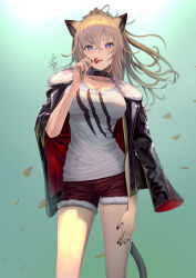 Rule 34 | 1girl, animal ears, arknights, black choker, black jacket, black nails, blonde hair, blush, breasts, candy, choker, cleavage, collarbone, commentary request, cowboy shot, food, fur-trimmed jacket, fur-trimmed shorts, fur trim, gradient background, green background, hair between eyes, hand up, holding, holding food, jacket, jacket on shoulders, large breasts, lion ears, lollipop, long hair, long sleeves, looking at viewer, nail polish, parted lips, partial commentary, purple eyes, red shorts, shirt, short shorts, shorts, siege (arknights), solo, standing, t-shirt, tail, thighs, white shirt, yamahara