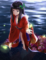 Rule 34 | 1girl, black eyes, black hair, breasts, bug, butterfly, butterfly hair ornament, cleavage, fireflies, hair ornament, insect, japanese clothes, kagetsuki, long hair, original, sengoku taisen, silk, solo, spider web, standing, wading, water