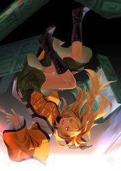 1girl black_boots black_trim blonde_hair blurry blurry_foreground boots constellation_print detached_sleeves falling full_body green_skirt hashtag-only_commentary highres hip_vent knee_boots long_hair long_sleeves looking_at_viewer lower_teeth_only matara_okina open_mouth orange_sleeves orange_tabard pleated_skirt re1re133 shirt skirt smile solo tabard teeth touhou white_shirt wide_sleeves yellow_eyes