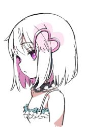 Rule 34 | 1girl, bare shoulders, child, collar, colored inner hair, cropped torso, dohna dohna issho ni warui koto o shiyou, dress, hair ornament, heart, heart hair ornament, highres, multicolored hair, nnn-ollll, parted lips, pink eyes, pink hair, porno (dohna dohna), profile, short hair, simple background, sketch, solo, spiked collar, spikes, two-tone hair, upper body, white background, white dress, white hair