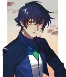 Rule 34 | 1boy, blue hair, blue jacket, brown eyes, celestial being uniform, closed mouth, cloud, commentary request, cropped jacket, evening, expressionless, gundam, gundam 00, hair between eyes, highres, jacket, long sleeves, looking at viewer, male focus, outside border, pillarboxed, setsuna f. seiei, short hair, solo, ususio 11