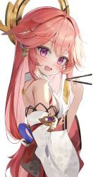 Rule 34 | 1girl, absurdres, aged down, animal ears (norankkori), bare shoulders, breasts, chopsticks, earrings, from side, genshin impact, highres, holding, holding chopsticks, japanese clothes, jewelry, long hair, looking at viewer, open mouth, pink hair, purple eyes, saliva, sideboob, small breasts, smile, solo, very long hair, vision (genshin impact), yae miko