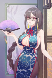 Rule 34 | 1girl, bare shoulders, blush, braid, braided ponytail, breasts, brown eyes, brown hair, cleavage, danxing aipangzi, fate/grand order, fate (series), folding fan, glasses, hand fan, highres, large breasts, long hair, looking at viewer, parted lips, solo, thighs, very long hair, yu mei-ren (fate), yu mei-ren (spare the idle talk) (fate)