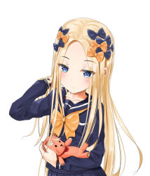 Rule 34 | 1girl, abigail williams (fate), black bow, blonde hair, blue eyes, blush, bow, bowtie, closed mouth, fate/grand order, fate (series), forehead, hair bow, hand in own hair, highres, holding, holding stuffed toy, long hair, long sleeves, looking at viewer, orange bow, orange bowtie, parted bangs, pleated skirt, sailor collar, sakazakinchan, school uniform, serafuku, simple background, skirt, solo, stuffed animal, stuffed toy, teddy bear, white background