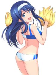 Rule 34 | 1girl, :d, ass, blue eyes, blue hair, blush, futaba aoi (vividred operation), hairband, highres, long hair, looking at viewer, looking back, matching hair/eyes, michairu, midriff, open mouth, pom pom (cheerleading), short shorts, shorts, smile, solo, vividred operation