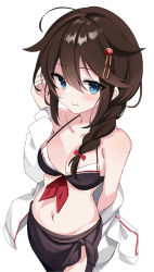 Rule 34 | 1girl, absurdres, ahoge, bikini, blue eyes, braid, braided ponytail, breasts, brown bikini, brown hair, closed mouth, fathom, hair between eyes, hair ornament, highres, jacket, kantai collection, looking at viewer, medium breasts, navel, shigure (kancolle), simple background, smile, solo, swimsuit, white background, white jacket