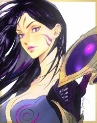 Rule 34 | 1girl, bodysuit, border, breasts, cleavage, closed mouth, collarbone, detached wings, eyelashes, facial mark, facial tattoo, floating hair, forehead mark, highres, jian tai (cuoyu0), kai&#039;sa, large breasts, league of legends, long hair, looking at viewer, orange border, purple bodysuit, purple eyes, purple hair, purple lips, scar, scar on face, signature, simple background, smile, solo, tattoo, upper body, whisker markings, white background, wings
