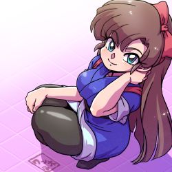 Rule 34 | 1girl, black pantyhose, blue eyes, blue kimono, bow, brown hair, full body, hair bow, tucking hair, japanese clothes, kimono, kuonji ukyou, long hair, looking at viewer, pantyhose, ranma 1/2, red bow, sleeves rolled up, smile, solo, squatting, thighs, very long hair, wanta (futoshi)