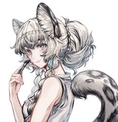Rule 34 | 1girl, akakeru, animal ear fluff, animal ears, arknights, bare shoulders, blush, braid, commentary request, dress, grey eyes, hand up, highres, holding, leopard ears, leopard tail, long hair, looking at viewer, pramanix (arknights), silver hair, simple background, sleeveless, sleeveless dress, smile, solo, tail, twin braids, white background