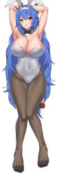 Rule 34 | 1girl, absurdres, animal ears, armpits, arms behind head, black bow, black bowtie, black gloves, black pantyhose, blue hair, blush, bow, bowtie, breasts, cleavage, clip studio paint (medium), collarbone, commentary, commission, covered navel, english commentary, fake animal ears, full body, girls&#039; frontline, gloves, highres, large breasts, leotard, long hair, looking at viewer, lying, no shoes, official alternate costume, on back, open mouth, pantyhose, parted lips, pixiv commission, playboy bunny, rabbit ears, sheita, smile, solo, tar-21 (girls&#039; frontline), tar-21 (night at the bar) (girls&#039; frontline), thighs, traditional bowtie, white background, white leotard, yellow eyes