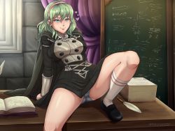 Rule 34 | 1girl, absurdres, alternate eye color, alternate hair color, black footwear, black gloves, book, breasts, byleth (female) (fire emblem), byleth (fire emblem), cape, chalkboard, closed mouth, curtains, desk, evomanaphy, fire emblem, fire emblem: three houses, gloves, gluteal fold, green eyes, green hair, hairband, half gloves, heart, highres, indoors, leg up, long sleeves, matching hair/eyes, medium breasts, medium hair, nintendo, panties, quill, shoes, sitting, smile, socks, solo, spread legs, striped clothes, striped panties, underwear, uniform, white socks
