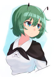 Rule 34 | 1girl, antennae, black cape, cape, closed mouth, collarbone, cropped torso, green eyes, green hair, hair between eyes, hashiro, highres, long sleeves, looking to the side, short hair, solo, touhou, wriggle nightbug
