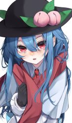 Rule 34 | 1girl, absurdres, black hat, blue hair, blush, bright pupils, eyebrows hidden by hair, food, fruit, hair between eyes, hat, highres, hinanawi tenshi, long hair, long sleeves, looking at viewer, necktie, open mouth, peach, red eyes, red necktie, red scarf, scarf, shirt, short hair, simple background, solo, touhou, tsune (tune), uneven eyes, upper body, white background, white shirt