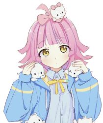 Rule 34 | 1girl, ahoge, animal, animal on head, animal on shoulder, blue jacket, blunt bangs, blunt ends, blush, bow, bowtie, buttons, cat, cat on head, cat on shoulder, character request, commentary, dot mouth, dot nose, expressionless, hair bow, hands up, highres, hood, hooded jacket, jacket, long sleeves, looking at viewer, love live!, love live! nijigasaki high school idol club, ogi (sham00), on head, open clothes, open jacket, pink bow, pink hair, sanrio, shirt, short hair, tennoji rina, upper body, white background, white cat, white shirt, wing collar, yellow bow, yellow bowtie, yellow eyes, zipper