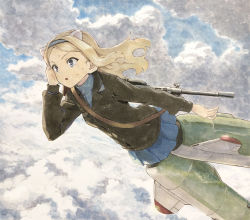 Rule 34 | 1girl, aleksandra i. pokryshkin, animal ears, bear ears, blonde hair, blue eyes, brave witches, cloud, commentary request, day, gun, gun sling, hairband, open mouth, outdoors, pantyhose, shiratama (shiratamaco), sky, solo, striker unit, sweat, traditional media, weapon, world witches series