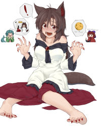 Rule 34 | !, 3girls, animal ears, bare shoulders, barefoot, blue hair, blush stickers, bow, brooch, brown hair, cape, chibi, chibi inset, commentary request, crying, crying with eyes open, dress, english text, fangs, fingernails, fins, frilled kimono, frills, full body, full moon, furrowed brow, green kimono, hair bow, hands up, head fins, highres, imaizumi kagerou, japanese clothes, jewelry, kimono, kokko361, long hair, long sleeves, looking at viewer, mermaid, monster girl, moon, multiple girls, nail polish, off-shoulder dress, off shoulder, open mouth, parted bangs, red nails, sekibanki, sharp fingernails, sharp toenails, simple background, sitting, solo focus, speech bubble, spoken exclamation mark, tail, tears, teeth, toenail polish, toenails, toes, touhou, wakasagihime, white background, wide sleeves, wolf ears, wolf tail