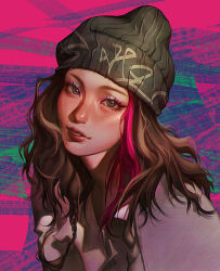 Rule 34 | 1girl, beanie, black hair, black hat, blue eyes, blue eyeshadow, blush, commentary, english commentary, eus (schzdraws), eyeshadow, hat, head tilt, highres, itzy, k-pop, long hair, looking at viewer, makeup, multicolored hair, parted lips, pink eyeshadow, pink hair, portrait, real life, realistic, smile, solo, streaked hair, yeji (itzy)