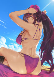 Rule 34 | 1girl, absurdres, arms up, ass, beach, bikini, blue sky, breasts, ceda (dace), closed mouth, cloud, cloudy sky, day, fate/grand order, fate (series), flower, hair flower, hair ornament, highres, large breasts, light rays, lips, long hair, looking at viewer, looking back, ocean, outdoors, ponytail, purple bikini, purple eyes, purple flower, purple hair, sandals, scathach (fate), scathach (fate/grand order), scathach (swimsuit assassin) (fate), sidelocks, sitting, sky, solo, sunbeam, sunlight, swimsuit, tsurime, yokozuwari