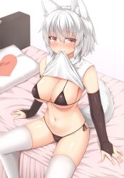 Rule 34 | 1girl, animal ears, bikini, black bikini, black gloves, blush, bridal gauntlets, clothes in mouth, clothes lift, elbow gloves, gloves, hair between eyes, heart, highres, inubashiri momiji, lifting own clothes, looking at viewer, micro bikini, mouth hold, navel, on bed, pillow, red eyes, shirt, shirt in mouth, shirt lift, short hair, side-tie bikini bottom, sitting, solo, swimsuit, tail, thighhighs, touhou, white hair, white shirt, white thighhighs, wolf ears, wolf tail, yuu (yu0221f)