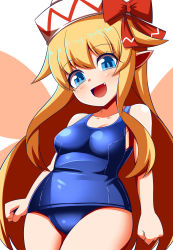 Rule 34 | 1girl, :d, alternate costume, blonde hair, blue eyes, bow, breasts, fairy, fairy wings, fang, gero zoukin, hat, hat bow, highres, lily white, long hair, one-piece swimsuit, open mouth, pointy ears, red bow, school swimsuit, simple background, small breasts, smile, solo, swimsuit, touhou, very long hair, white background, white hat, wings