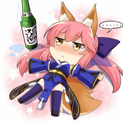 Rule 34 | ..., 10s, 1girl, :&lt;, alcohol, animal ears, blue bow, blush, bottle, bow, chibi, detached sleeves, drunk, fate/extra, fate (series), fox ears, fox tail, full-face blush, full body, gradient background, hair bow, highres, japanese clothes, jitome, long hair, looking up, lying, on back, outstretched arms, pelvic curtain, pink background, pink hair, purple thighhighs, sake, sake bottle, shoes, solo, spoken ellipsis, star (symbol), starry background, subaru (794829485), sweatdrop, tail, tamamo (fate), tamamo no mae (fate/extra), thighhighs, white background, yellow eyes