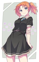 Rule 34 | 1girl, arm behind back, belt, belt buckle, black belt, black dress, blue necktie, blush, buckle, closed mouth, collared shirt, dress, e20, green eyes, highres, looking at viewer, necktie, orange hair, original, parted bangs, puffy short sleeves, puffy sleeves, shirt, short hair, short sleeves, smile, solo, standing, twintails, white shirt