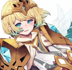Rule 34 | blonde hair, blue eyes, blue hair, earrings, feather trim, fire emblem, fire emblem heroes, fjorm (fire emblem), gradient hair, highres, jewelry, long sleeves, multicolored hair, nakabayashi zun, nintendo, parted lips, short hair, simple background, solo, white background