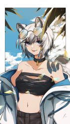 Rule 34 | 1girl, :p, absurdres, animal ear fluff, animal ears, arknights, bandeau, bare shoulders, black bandeau, black collar, black shorts, blue sky, body markings, breasts, cleavage, cliffheart (arknights), cloud, collar, collarbone, commentary, cowboy shot, day, drawstring, eyewear on head, grey eyes, groin, hair between eyes, highres, huge filesize, if f, infection monitor (arknights), jacket, leopard ears, leopard girl, leopard tail, light particles, long sleeves, looking at viewer, midriff, navel, off shoulder, palm leaf, short hair, shorts, sidelocks, silver hair, sky, small breasts, smile, solo, standing, strapless, sunglasses, tail, tongue, tongue out, tube top, white jacket