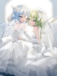 Rule 34 | 2girls, ;d, alternate costume, bare shoulders, blue eyes, blue hair, blush, bouquet, bow, bridal gauntlets, choker, cirno, daiyousei, dress, elbow gloves, flower, gloves, green eyes, green hair, hair between eyes, hair bow, highres, holding hands, ice, ice wings, multiple girls, one eye closed, open mouth, short hair, smile, sorani (kaeru0768), strapless, touhou, veil, wedding dress, white bow, white choker, white dress, wings, yuri