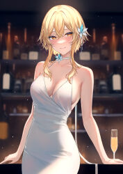 Rule 34 | 1girl, absurdres, alcohol, alternate costume, arm support, armpit crease, bar (place), bare arms, bare shoulders, blonde hair, blurry, blurry background, bottle, breasts, champagne, champagne flute, choker, cleavage, closed mouth, cocktail dress, crossed bangs, cup, depth of field, dress, drinking glass, flower, genshin impact, hair between eyes, hair flower, hair ornament, halter dress, halterneck, highres, indoors, light particles, looking at viewer, lumine (genshin impact), medium breasts, mugiko mz, short hair with long locks, sideboob, sidelocks, sleeveless, sleeveless dress, smile, solo, white choker, white dress, yellow eyes