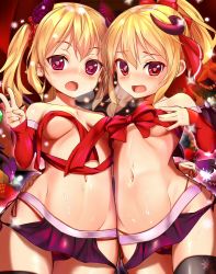 Rule 34 | 2girls, arm around waist, arm warmers, bare shoulders, black legwear, blonde hair, bow, breasts, chiroshiron, commentary request, demon tail, flandre scarlet, groin, hair bow, hand up, heart, heart-shaped pupils, highres, hip vent, horns, long hair, looking at viewer, microskirt, multiple girls, navel, open mouth, panties, pointy ears, red bow, red eyes, red panties, red ribbon, ribbon, rumia, skirt, small breasts, snowflakes, stomach, suggestive fluid, sweatdrop, symbol-shaped pupils, tail, thighhighs, touhou, underwear, v, wings