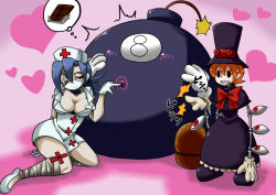 Rule 34 | + +, 2girls, annoyed, aruse yuushi, bandages, black eyes, blue hair, blush, bomb, bow, breasts, candy, chocolate, cleavage, cross, dress, explosive, eyepatch, flats, food, gloves, hat, heart, large breasts, leg wrap, lenny the bomb, mask, mechanical arms, mouth mask, multiple girls, ninja, nurse, nurse cap, open clothes, open shirt, orange hair, peacock (skullgirls), pink background, poking, ponytail, purple dress, red eyes, ribbon, sharp teeth, shirt, short dress, short hair, sitting, skullgirls, standing, surgical mask, symbol-shaped pupils, teeth, thought bubble, top hat, valentine, valentine (skullgirls), white gloves, yokozuwari