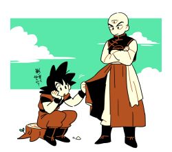 Rule 34 | 10s, 2boys, :o, bald, black hair, boots, chinese clothes, cloud, cloudy sky, crossed arms, dougi, dragon ball, dragon ball super, dragonball z, expressionless, goro (szyk7834), grabbing, hand on own chin, leaf, long sleeves, looking down, male focus, multiple boys, serious, short hair, simple background, sitting, sitting on tree stump, sky, son goku, spiked hair, tenshinhan, third eye, translation request, tree, tree stump, white background, wristband