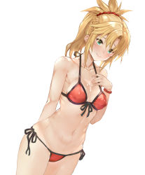 Rule 34 | 1girl, aqua eyes, bikini, blonde hair, blush, breasts, covered erect nipples, dutch angle, fate/apocrypha, fate/grand order, fate (series), front-tie top, green eyes, halterneck, highres, looking at viewer, mordred (fate), mordred (fate) (all), mordred (fate/apocrypha), mordred (swimsuit rider) (fate), mordred (swimsuit rider) (first ascension) (fate), navel, ponytail, red bikini, shiny skin, side-tie bikini bottom, simple background, smile, solo, string bikini, swimsuit, tokopi, white background