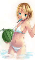 Rule 34 | 1girl, absurdres, bikini, blonde hair, breasts, food, fruit, green eyes, highres, holding, holding food, holding fruit, kagamine rin, lino-lin, mouth hold, popsicle, short hair, sideboob, solo, swimsuit, underboob, vocaloid, wading, water, watermelon, white bikini