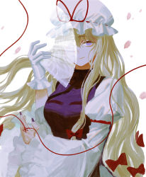 Rule 34 | 1girl, arm strap, blonde hair, bow, breasts, cherry blossoms, closed mouth, frilled gloves, frilled sleeves, frills, gloves, hair between eyes, hat, hat ribbon, kikichan, large breasts, long hair, long sleeves, looking at viewer, mob cap, nail polish, one eye covered, petals, purple eyes, purple nails, red bow, red ribbon, ribbon, sidelocks, simple background, single glove, smile, solo, tabard, touhou, transparent, upper body, very long hair, white background, white gloves, white hat, wide sleeves, yakumo yukari